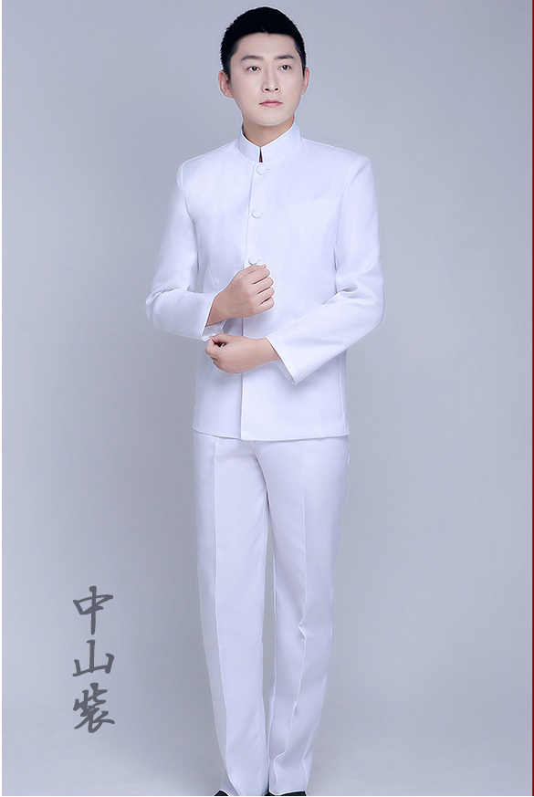 พร้อมเช่า ชุดสูทจีนชาย สีขาวล้วน คอปีน แขนยาว สไตล์จีน