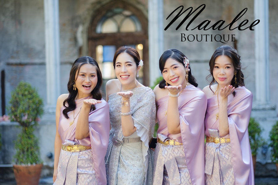 เช่า ชุดไทย ชุดเพื่อนเจ้าสาว ชุดไทยผ้าถุงสีเทาชมพูเงิน สไบเรียบสีกลีบบัว