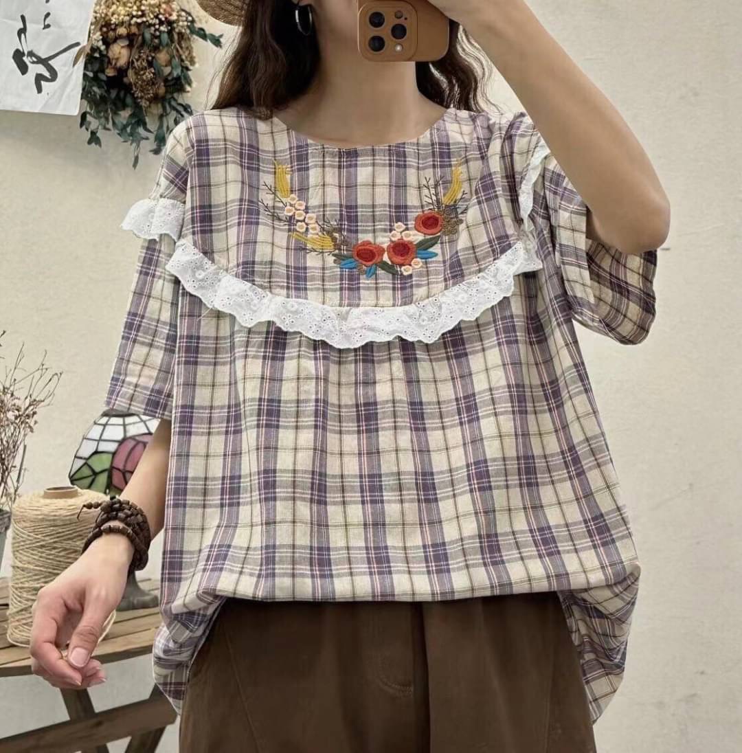 เสื้อผ้าฝ้ายลายสก็อตลายปักแต่งระบายผ้าลูกไม้