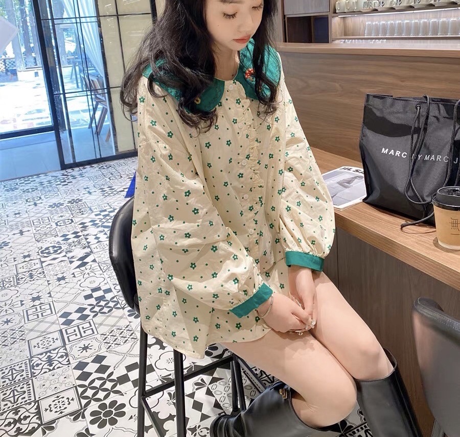 เสื้อคอบัวผ้าฝ้ายลายจุด~ดอกไม้