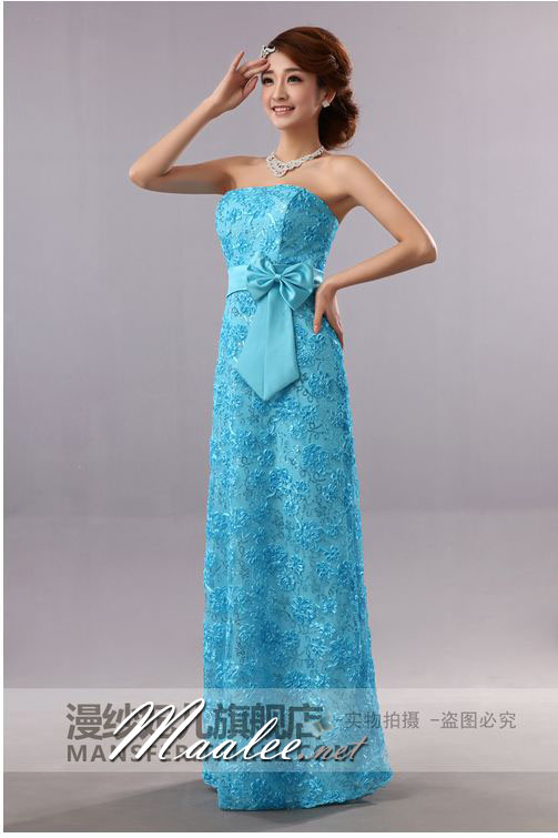 พร้อมส่ง ชุดราตรียาว เกาะอก สีฟ้า ลูกไม้ริบบิ้นปักเลื่อม ทรงหางปลาพร้อมโบว์คาดเอว