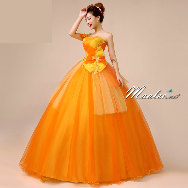 พร้อมเช่า ชุดแฟนซี ชุดราตรี ไหล่เดียว สีส้มแต่งระบายสีเหลือง น่ารัก แต่งโบว์เพิ่มความหวาน