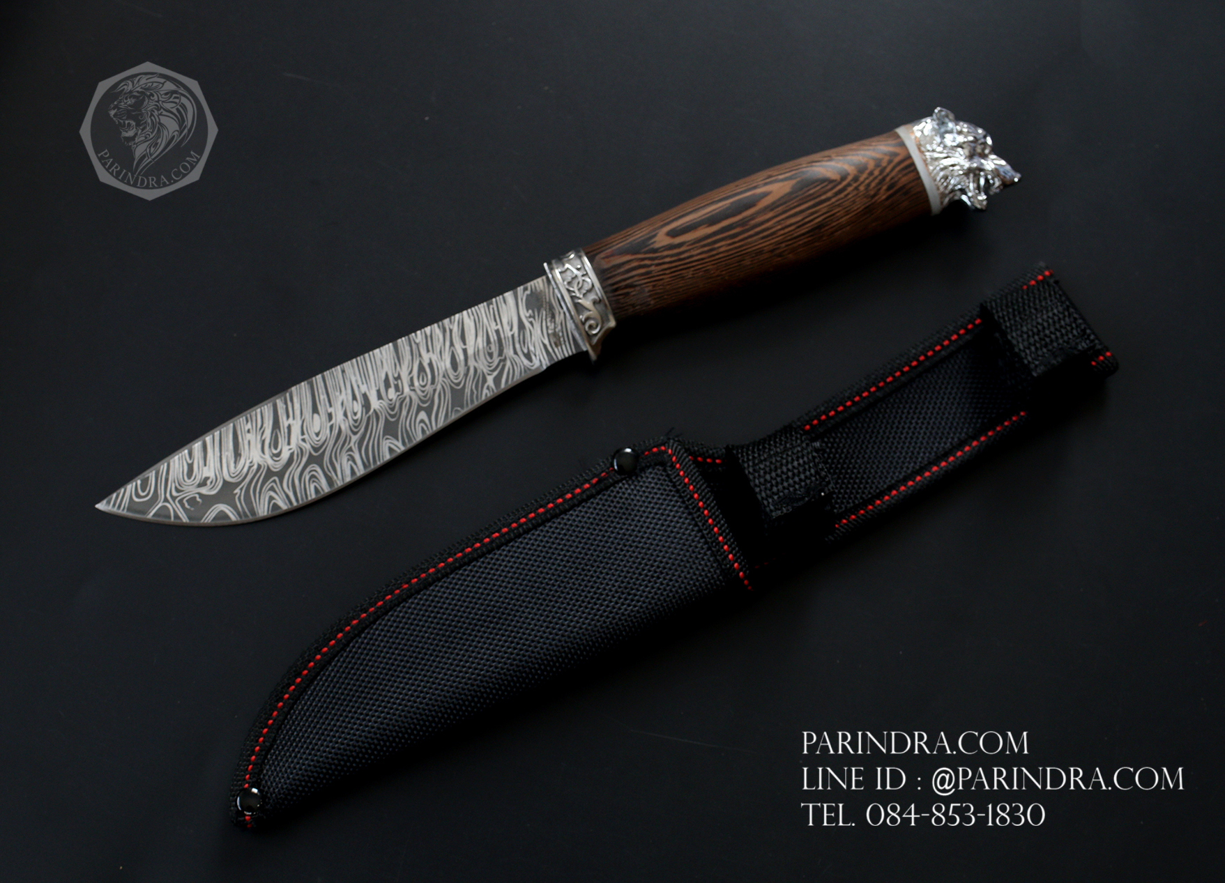 มีด Columbia ใบตาย ใบเลเซอร์ลายดามัสกัส ด้ามไม้ ท้ายด้ามหัวเสือ