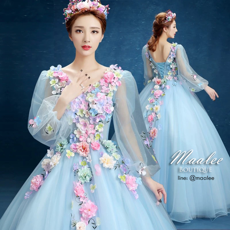 พร้อมเช่า ชุดแฟนซี ชุดราตรียาว สีฟ้า แขนยาว แต่งดอก Fairy สไตล์เจ้าหญิง กระโปรงพองสวย เชือกผูกหลัง