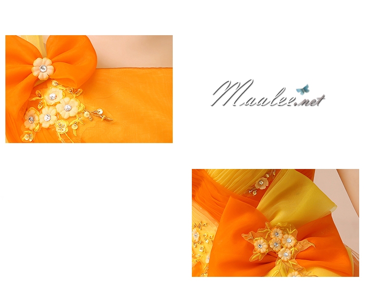 พร้อมเช่า ชุดแฟนซี ชุดราตรี ไหล่เดียว สีส้มแต่งระบายสีเหลือง น่ารัก แต่งโบว์เพิ่มความหวาน