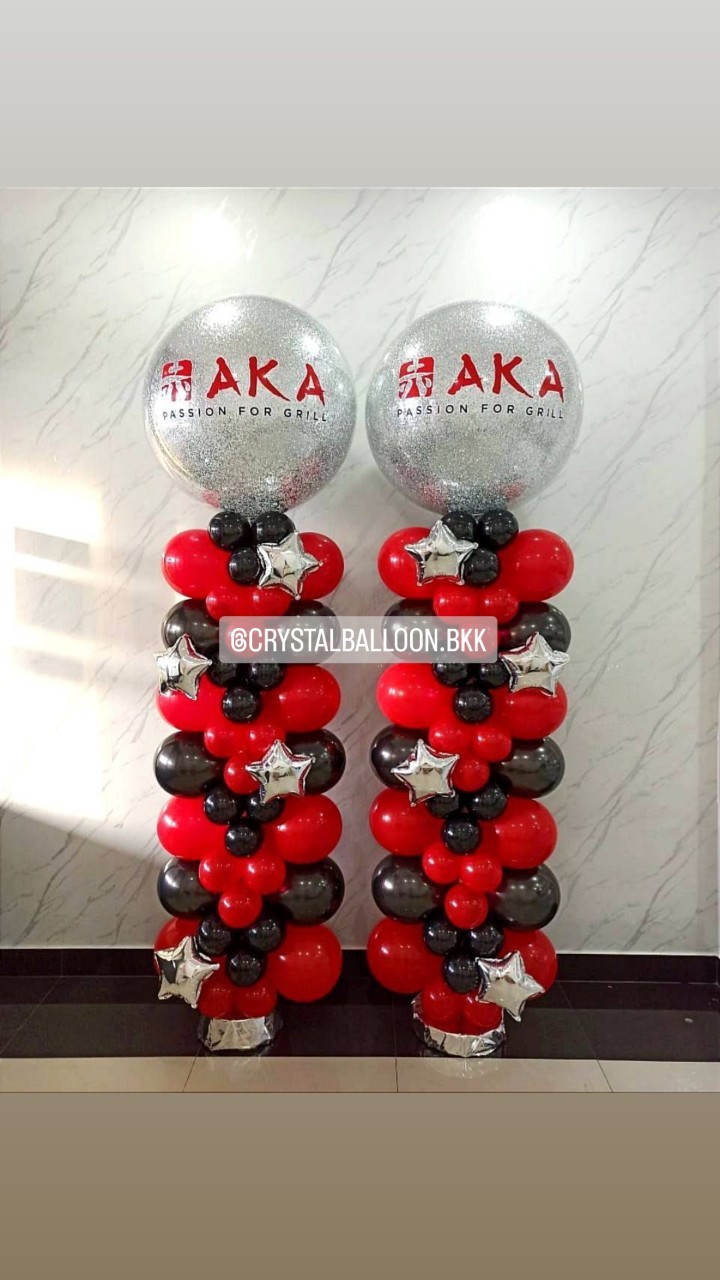 เสาลูกโป่ง เปิดร้าน Bubble ขนาด 36" กลิตเตอร์สีเงิน Theme ดำ-แดง 2 เสา พร้อม ประดับฟอยล์ดาว 10" 8 ชิ้น พร้อมตกแต่ง สามารถเปลี่ยนสีลูกโป่ง/เปลี่ยนข้อความได้