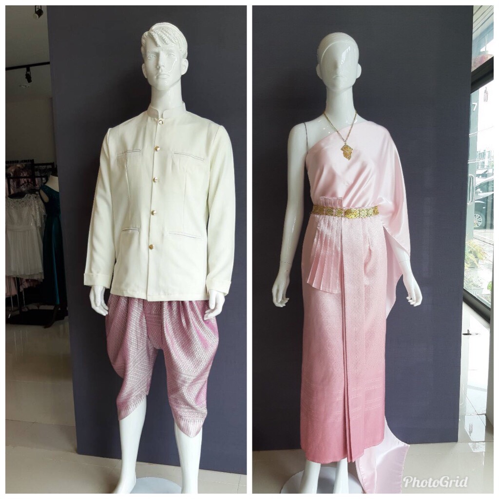 เช่า ชุดไทย ชุดเพื่อนเจ้าสาว ชุดไทยผ้าถุงสีชมพูไล่สี สไบเรียบ สีครีมงาช้าง