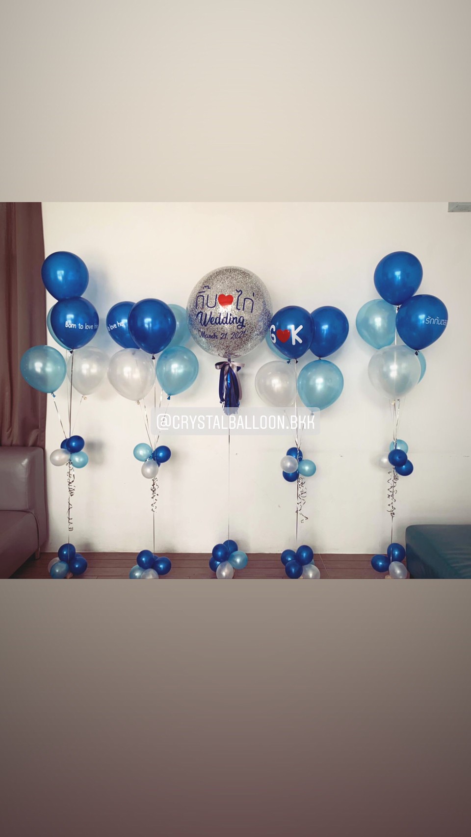 ลูกโป่ง งานแต่ง Bubble ขนาด 24" สีน้ำเงิน-ฟ้า พร้อม ช่อลูกโป่ง ช่อ 5 ลูก 4 ช่อ พร้อมตกเเต่ง สามารถเปลี่ยนสีลูกโป่ง/เปลี่ยนข้อความ/เปลี่ยนขนาดได้