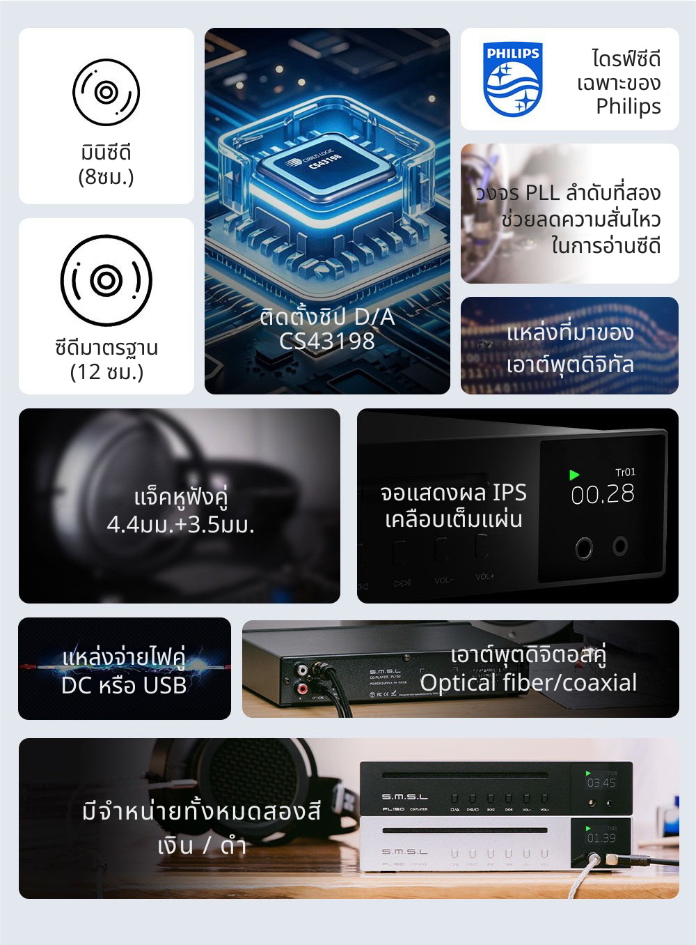 SMSL PL150 เครื่องเล่นซีดีออดิโอไฟล์ ชิป DAC CS43198 ไดรฟ์ซีดี Philips ประกันศูนย์ไทย
