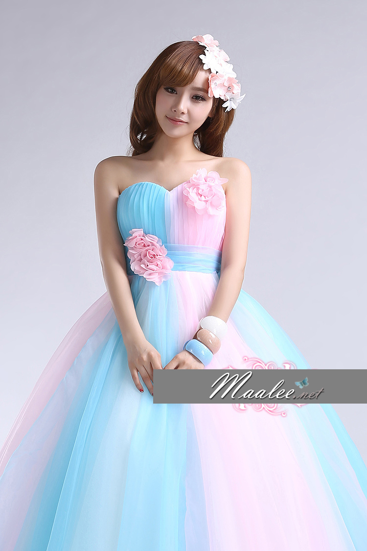 พร้อมเช่า ชุดแฟนซี ชุดราตรียาว เกาะอก สีฟ้า ชมพู สวยหวาน ผ้าโปร่งแต่งดอกไม้