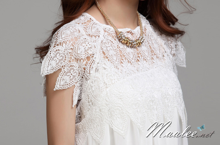 พร้อมส่ง ชุดเดรสสั้น ลูกไม้สีขาว ผ้าชีฟองชายย้วย ทรงผีเสื้อ (ฟรีไซส์)