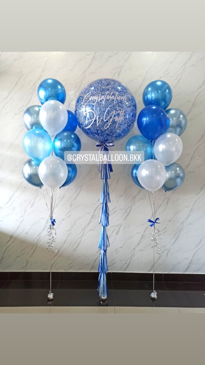 ลูกโป่ง รับปริญญา Bubble ขนาด 36" กลิตเตอร์สีน้ำเงิน 1 ลูก พร้อม ช่อลูกโป่ง ช่อ 10 ลูก 2 ช่อ พร้อมตกแต่ง สามารถเปลี่ยนสีลูกโป่ง/เปลี่ยนข้อความ/เปลี่ยนขนาดได้