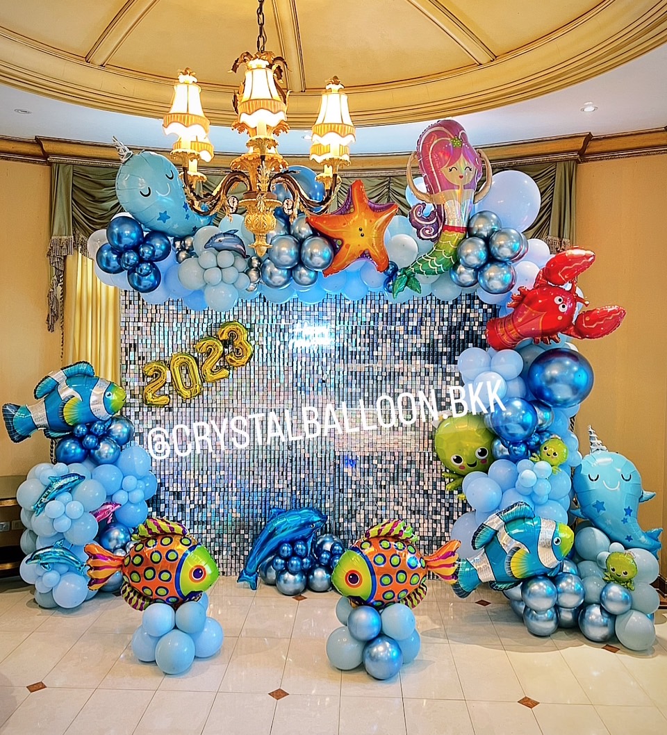 Organic Backdrop ฉากวิบวับสีเงิน ขนาด 2.4x3 Theme Talay พร้อม ตัวอักษรไฟ Happy New Year,ฟอยล์ตัวเลข ขนาด 16" 4 ตัวอักษร พร้อมตกแต่ง ฟอยล์สัตว์ทะเล ตั้งฐาน 5 ชิ้น สามารถเปลี่ยนสีลูกโป่ง/เปลี่ยน Theme ได้
