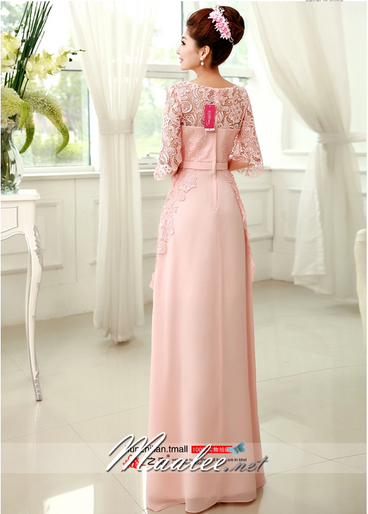 พร้อมเช่า ชุดราตรียาว สี ฟ้าเข้ม แขนสามส่วน แต่งลูกไม้ จับเดรปทรงนาฬิกาทราย (L-3XL)