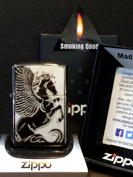 ไฟแช็ค Zippo แท้ ลายม้าเพกาซัส "Winged Pegasus Black Ice Chrome" #28802 แท้นำเข้า 100%