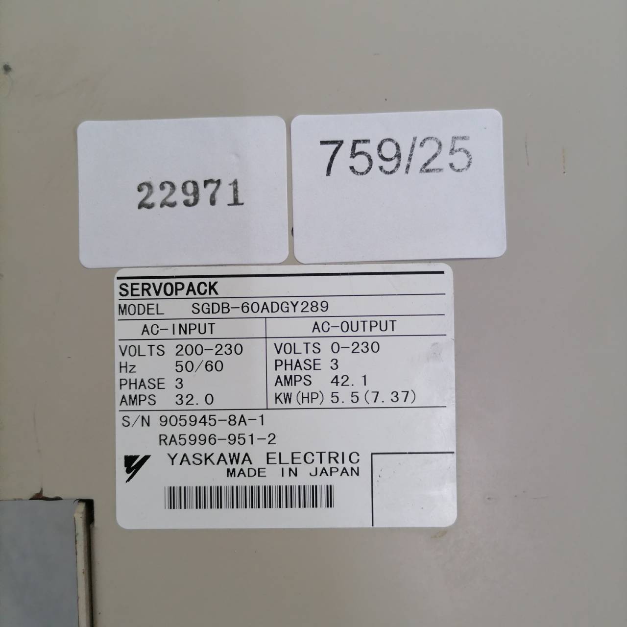 SERVO DRIVE “ YASKAWA ” รุ่น SGDB-60ADGY289