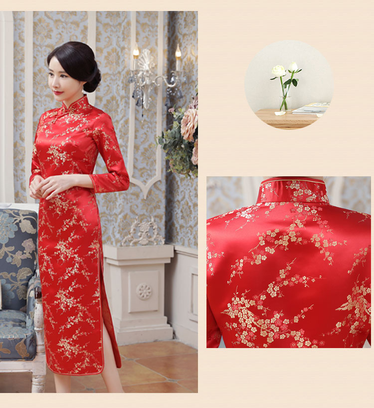 พร้อมส่ง กี่เพ้า ผ้าไหมจีน สีแดง แขนยาว ลายลายดอกบ๊วย Cherry Blossomตัดเย็บอย่างดี (XL)