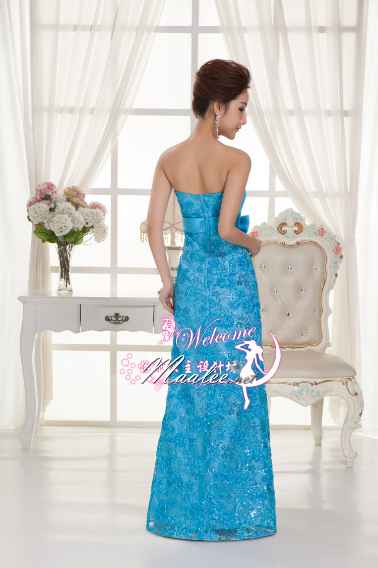 พร้อมส่ง ชุดราตรียาว เกาะอก สีฟ้า ลูกไม้ริบบิ้นปักเลื่อม ทรงหางปลาพร้อมโบว์คาดเอว