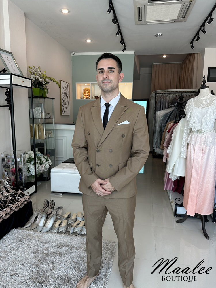 พร้อมเช่า ชุดสูทชาย สูทสีน้ำตาล Coffee Brown กระดุม 2 แถว Double-breasted Suit