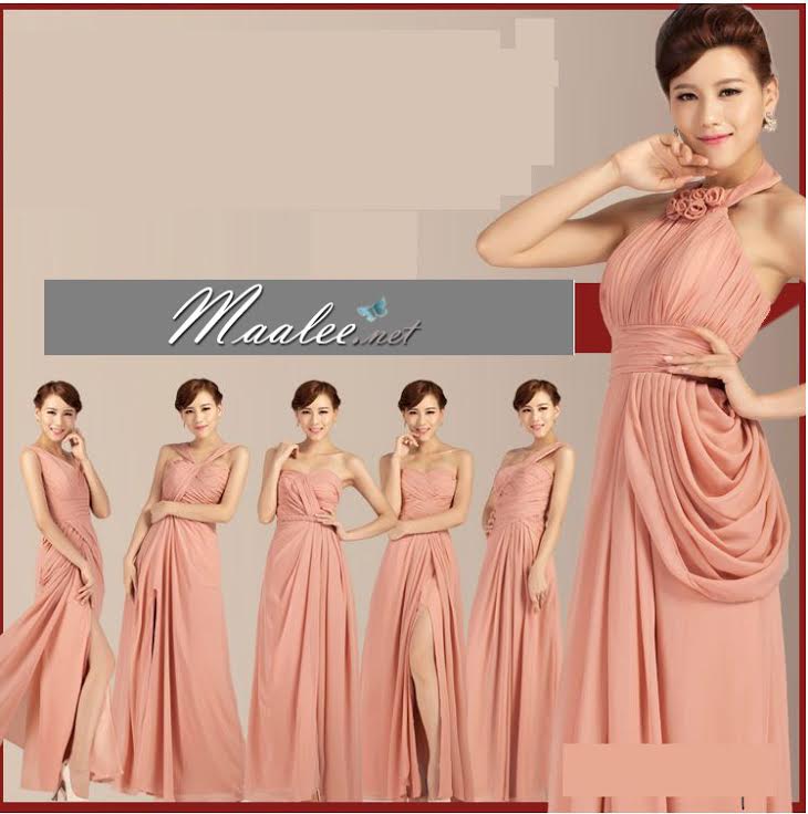 พร้อมส่ง ชุดราตรียาว สีชมพู Nude ชุดเพื่อนเจ้าสาว Nude-001B