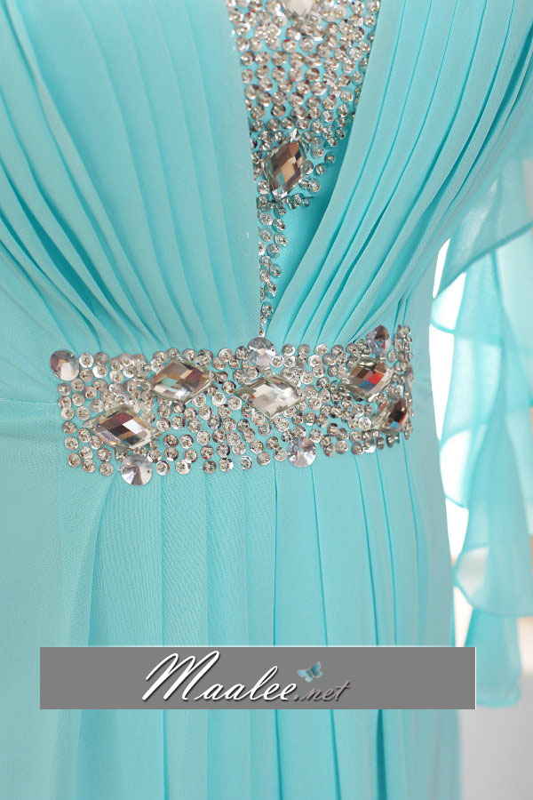 พร้อมเช่า ชุดราตรียาว สีฟ้า ผ้าชีฟอง จอเจีย แขนระบาย ทิ้งชายสวย