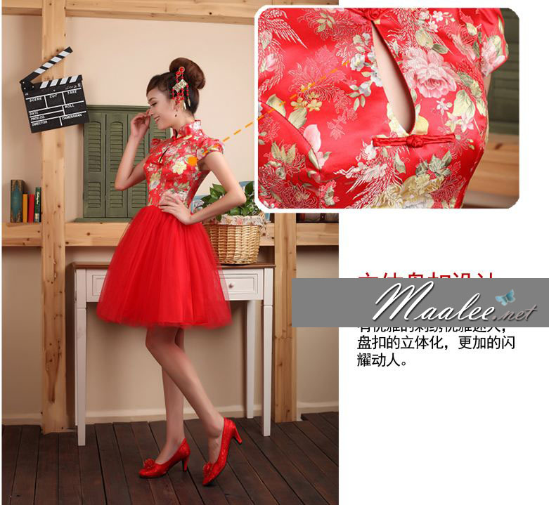 พร้อมเช่า ชุดแฟนซี ชุดราตรีสั้น ชุดตรุษจีน ชุดกี่เพ้า คอจีน กระโปรงตาข่ายพองสวย