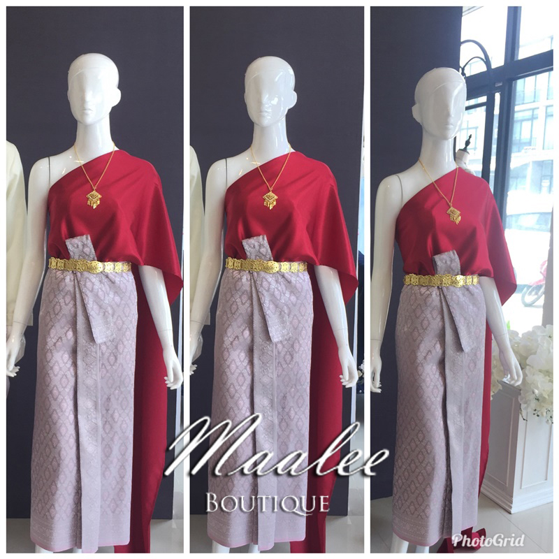 เช่า ชุดไทย ชุดเพื่อนเจ้าสาว ชุดไทยผ้าถุงสีเทาชมพูเงิน สไบเรียบ สีแดง เลือดนก