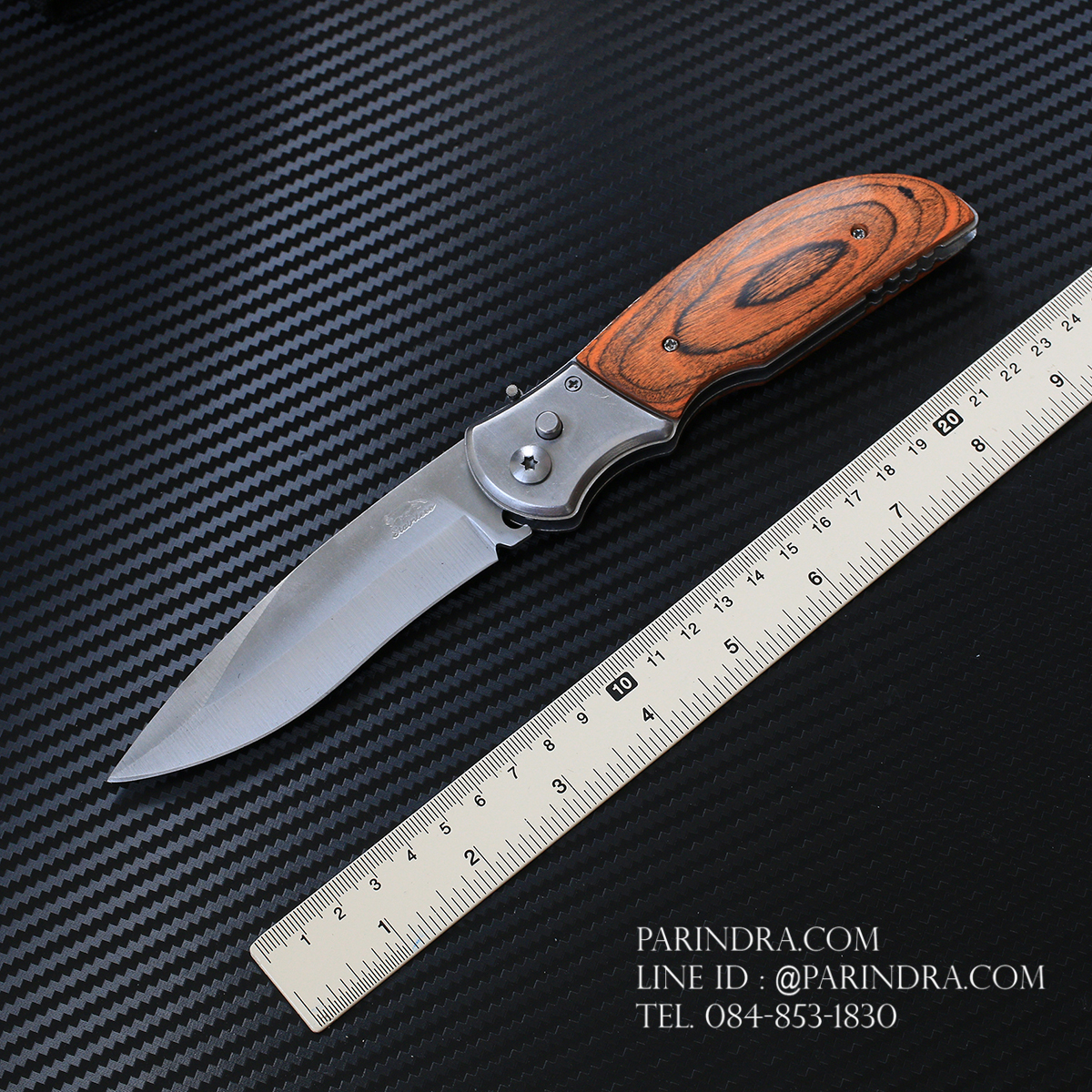มีดพับสปริง stainless ขนาดกลาง พกพา ด้ามไม้