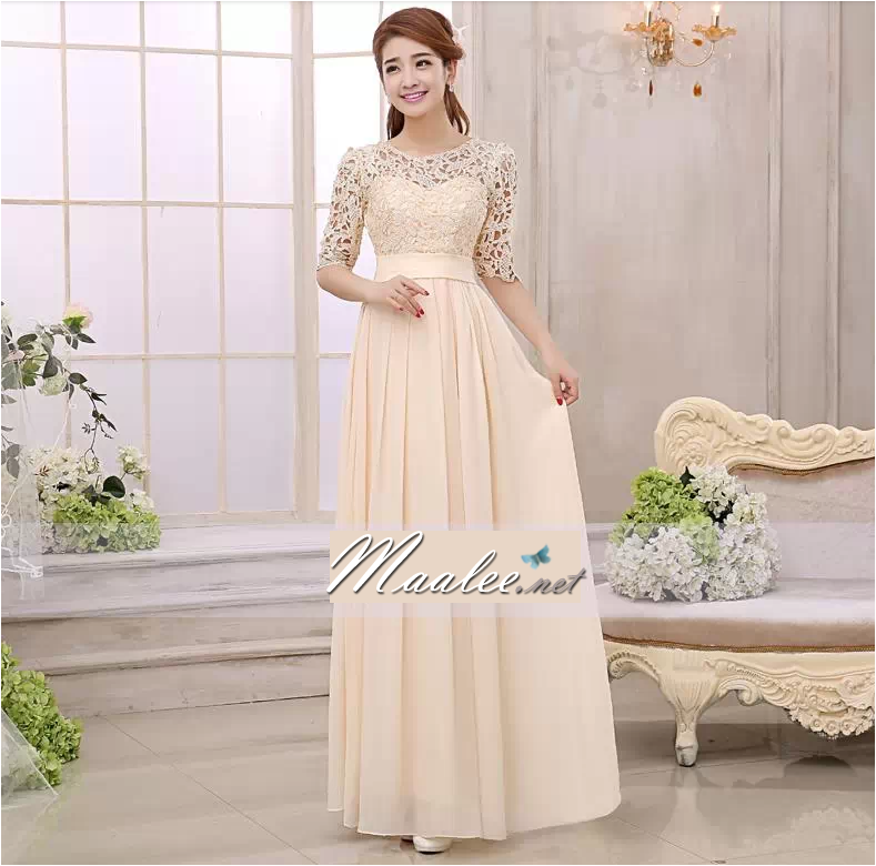 พร้อมส่ง ชุดราตรียาว สีครีม แขนสามส่วน ลูกไม้ฉลุ กระโปรงผ้าชีฟอง