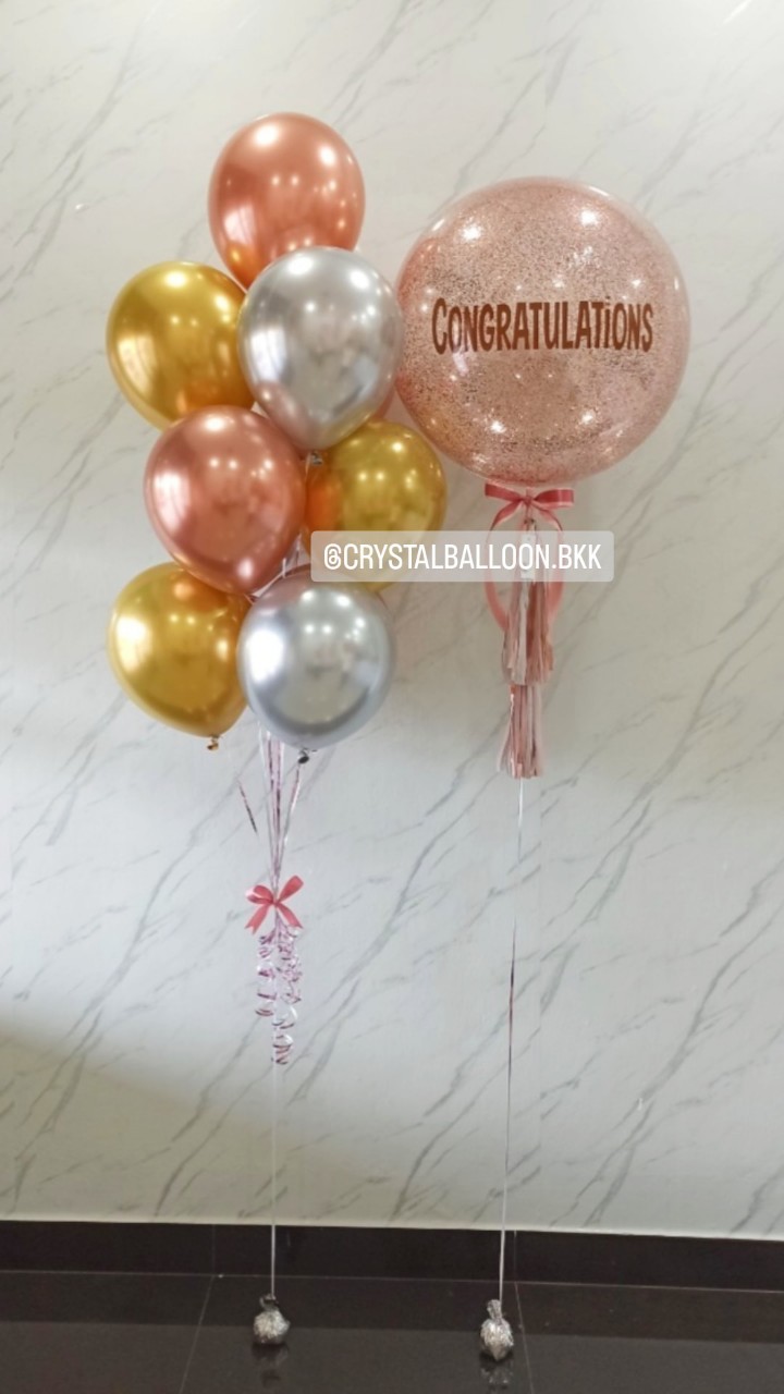 ลูกโป่ง แสดงความยินดี Bubble ขนาด 24" กลิตเตอร์สีโรสโกล พร้อม ช่อลูกโป่งสีโครเมี่ยม ช่อ 10 ลูก 1 ช่อ พร้อมตกแต่ง สามารถเปลี่ยนสีลูกโป่ง/เปลี่ยนข้อความ/เปลี่ยนขนาดได้