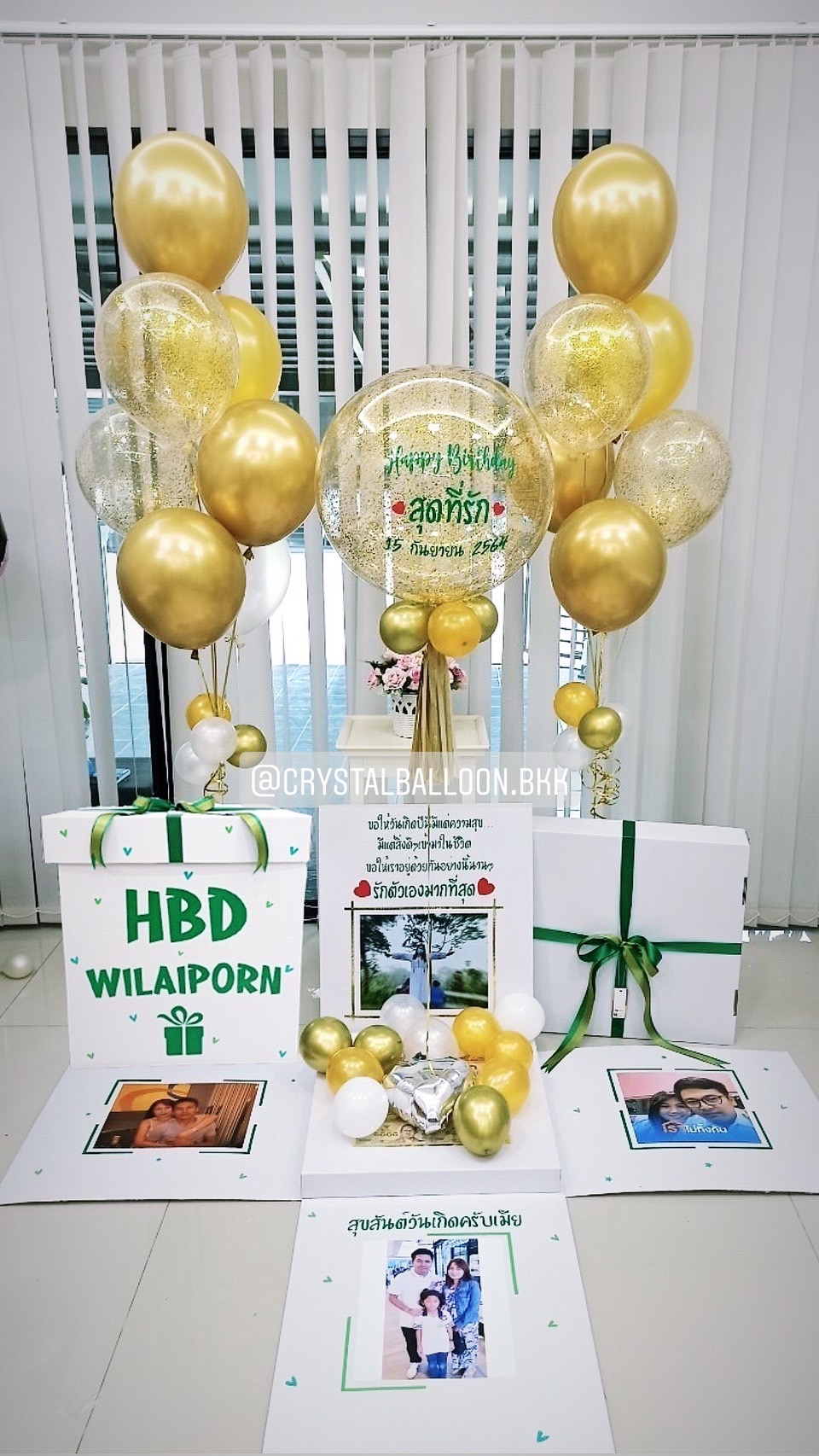 Surprise Box กล่องเซอร์ไพรส์สำหรับสายเปย์ Bubble ขนาด 24" Theme สีทอง พร้อมตกแต่ง ช่อลูกโป่ง 7 ลูก 2 ช่อ,ลูกโป่งใส ใส่กลิตเตอร์,สามารถใส่รูปได้ 4 ใบ สามารถเปลี่ยนสีลูกโป่ง/เปลี่ยนข้อความได้