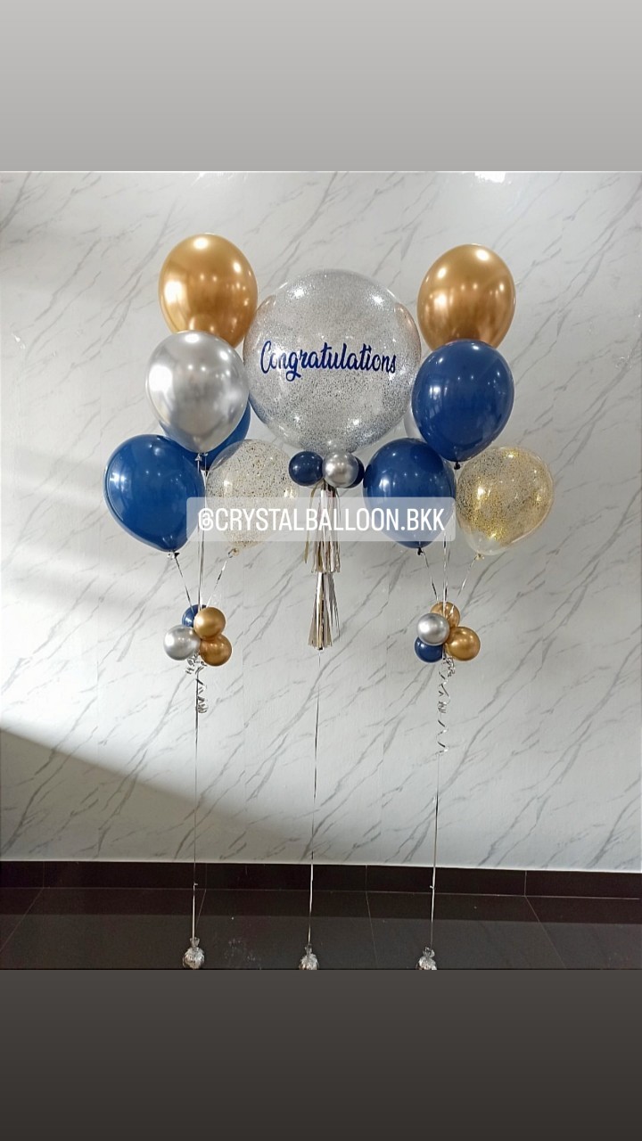 ลูกโป่ง แสดงความยินดี Bubble ขนาด 24" Theme Dark Blue-ทอง พร้อม ช่อลูกโป่ง ช่อ 5 ลูก 2 ช่อ,ลูกโป่งใส ใส่กลิตเตอร์ พร้อมตกเเต่ง สามารถเปลี่ยนสีลูกโป่ง/เปลี่ยนข้อความ/เปลี่ยนขนาดได้