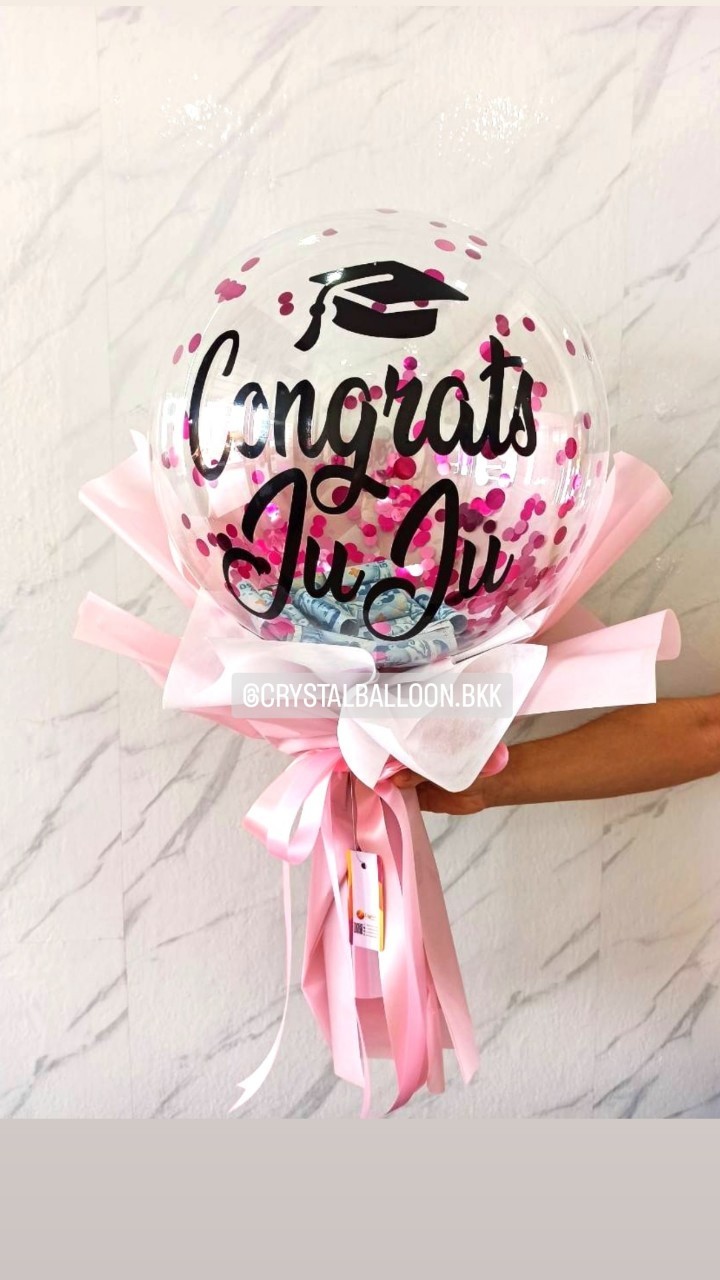 Balloon Cash Bubble ขนาด 18" คอนเฟตติสีชมพูเข้ม 1 ช่อ สามารถใส่เงินได้ 30 ใบ พร้อมตกแต่ง สามารถเปลี่ยนข้อความ/เปลี่ยนสีได้