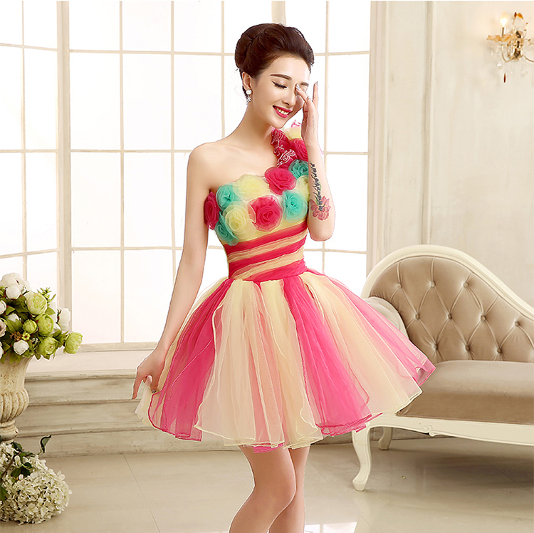 พร้อมส่ง ชุดแฟนซี ชุดราตรีสั้น ลายทาง สีลูกกวาด แต่งดอกไม้ เขียวเหลือง