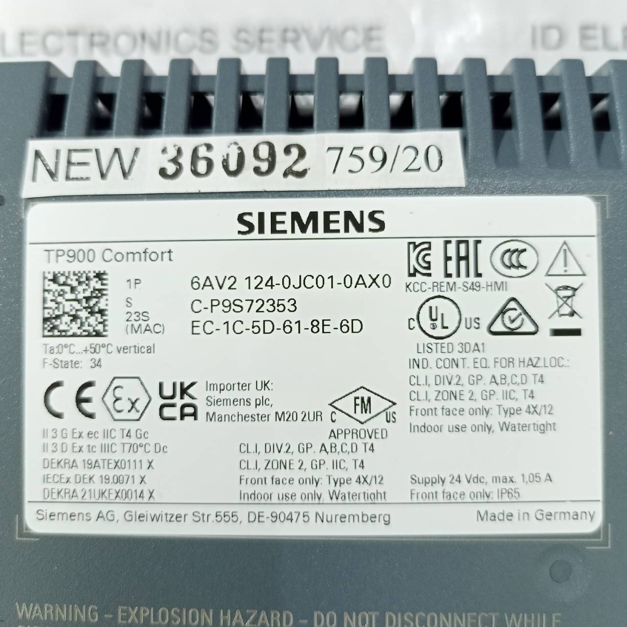 6AV2 124-0JC01-0AX0 HMI " SIEMENS "