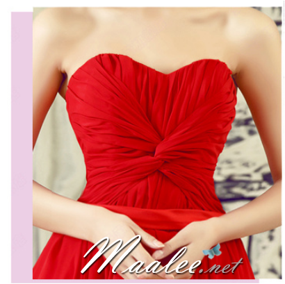 พร้อมเช่า ชุดราตรีสั้น เกาะอก หน้าสั้นหลังยาว คอจับเดรปรูปหัวใจ สีแดง