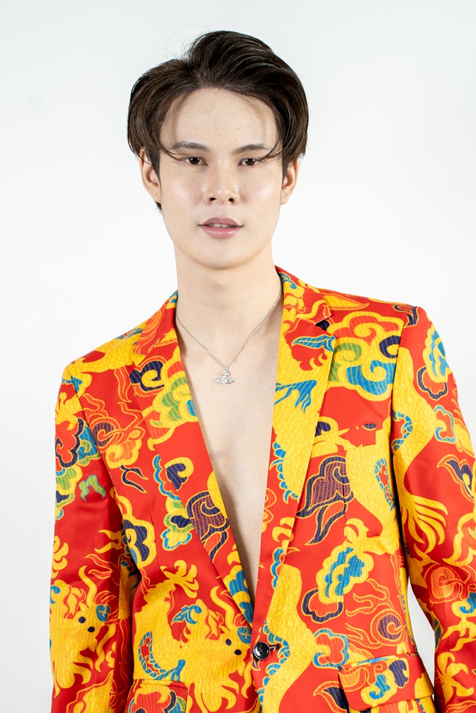 พร้อมเช่า ชุดสูทจีนชาย โทนสีส้มแดง ทอลายในเนื้อผ้า แบบหรูหรา สไตล์จีน