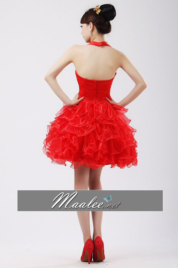 พร้อมเช่า ชุดแฟนซี เช่า 500 ชุดราตรีสั้น สีแดง คล้องคอ กระโปรงระบาย ทรงฟูสวย