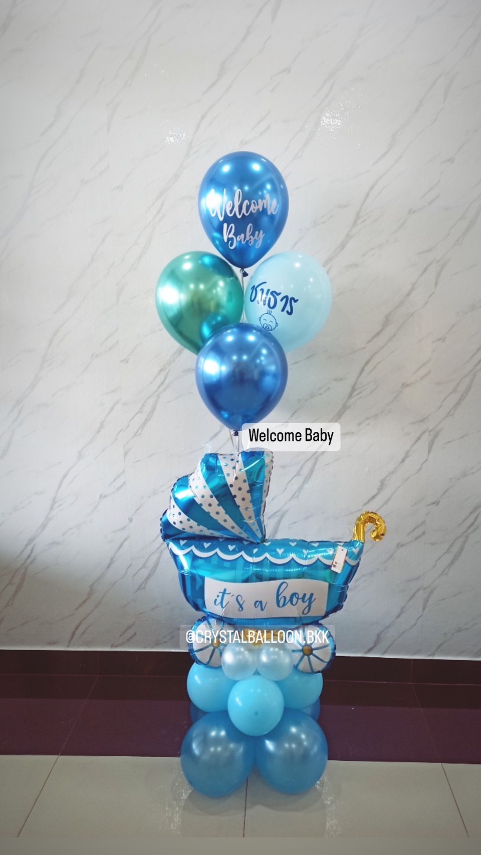 ลูกโป่ง Welcome Baby ฟอยล์รถเข็น สีฟ้า ตั้งฐาน 1 ชิ้น พร้อม ช่อลูกโป่ง ช่อ 5 ลูก 1 ช่อ พร้อมตกแต่ง สามารถเปลี่ยนสีลูกโป่ง/เปลี่ยนข้อความ/เปลี่ยนสี-ฟอยล์ตกแต่งได้