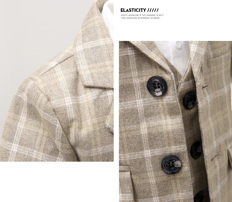 พร้อมเช่า ชุดสูทเด็กชาย สีกากีลายตาราง ** พร้อมเช่าไซส์ 100 , 110 , 120,130,140,150 **