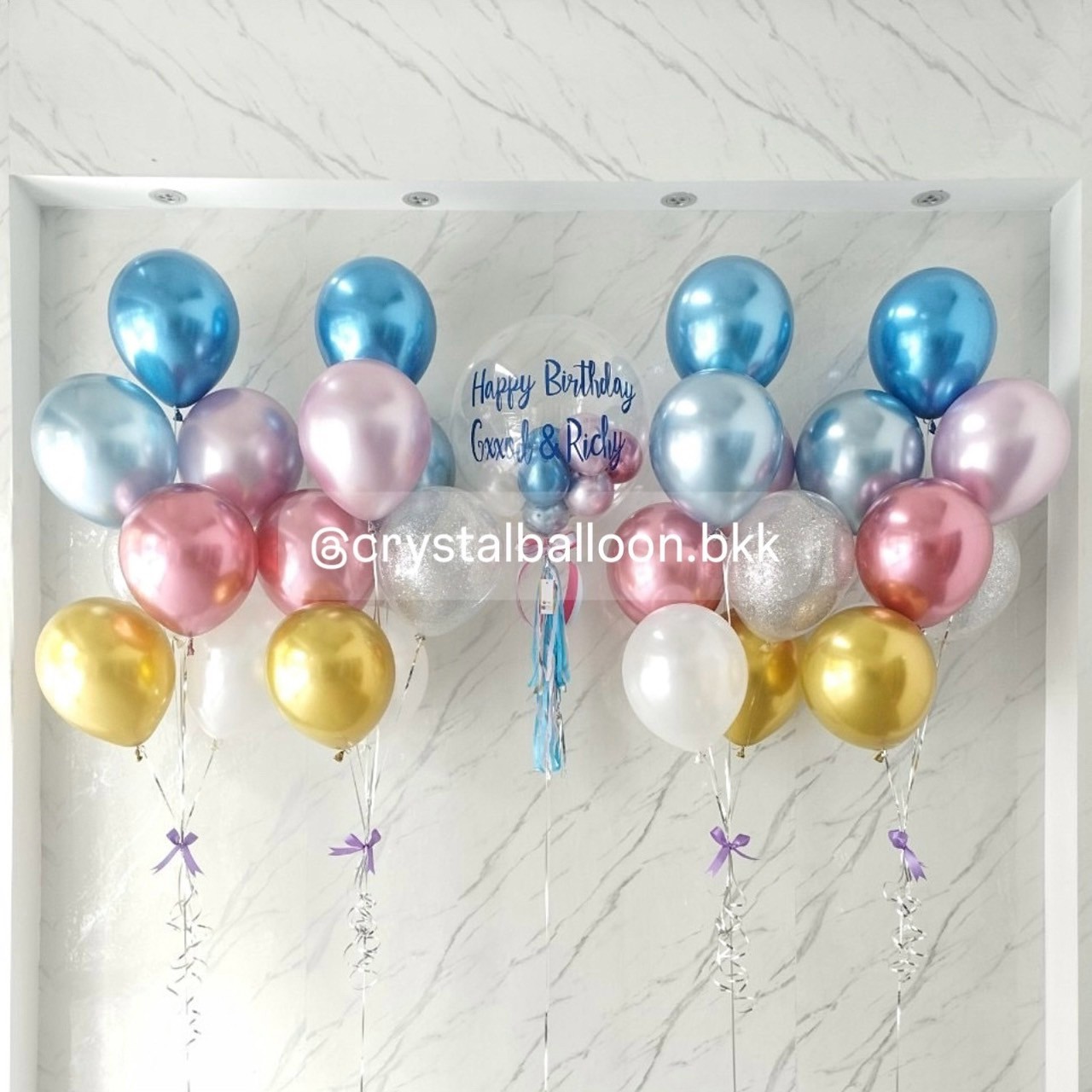 ลูกโป่ง วันเกิด Bubble ขนาด 24" 1 ลูก พร้อม ลูกโป่ง 6" ด้านใน 6 ลูก,ช่อลูกโป่ง ช่อ 7 ลูก 4 ช่อ สีโครเมี่ยมคัลเลอร์ฟูล/ลูกโป่งใส ใส่กลิตเตอร์ พร้อมตกแต่ง สามารถเปลี่ยนสีลูกโป่ง/เปลี่ยนข้อความ/เปลี่ยนขนาดได้
