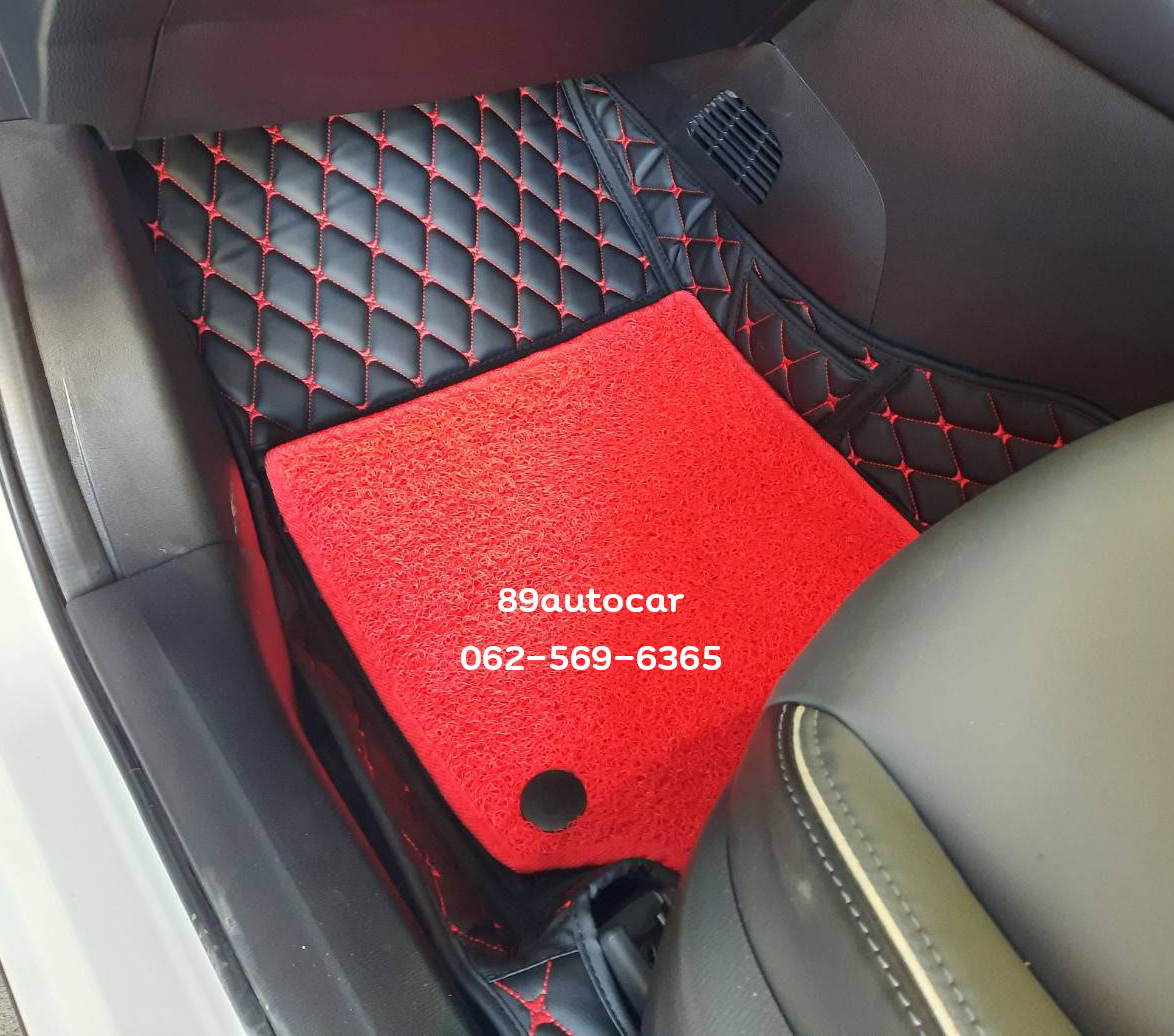 พรมรถยนต์ Mazda 2 2016-2021 ปูพรม7D สีดำด้ายแดง เสริมด้วยพรมดักฝุ่นสีแดงขอบดำ เต็มคัน