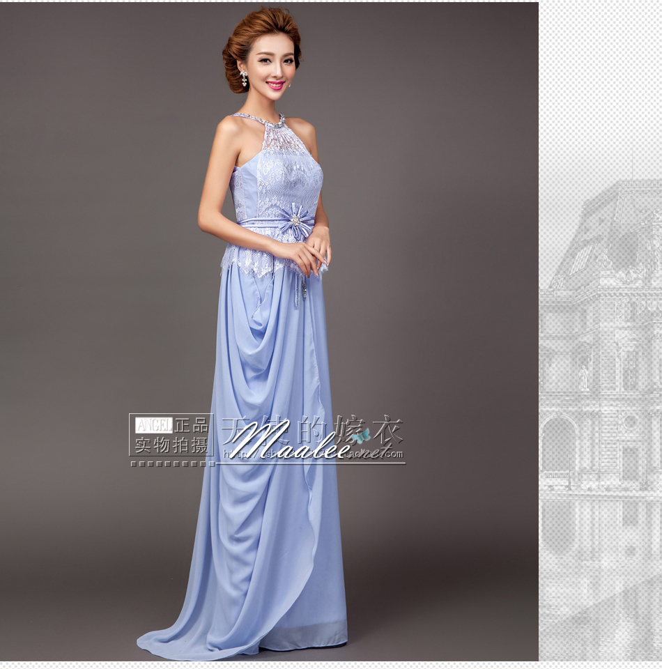 พร้อมเช่า ชุดราตรียาว เกาะอก คล้องคอ สีม่วง กระโปรงจับจีบ สวยหวานด้วยลูกไม้ช่วงอก (ซิปหลัง)