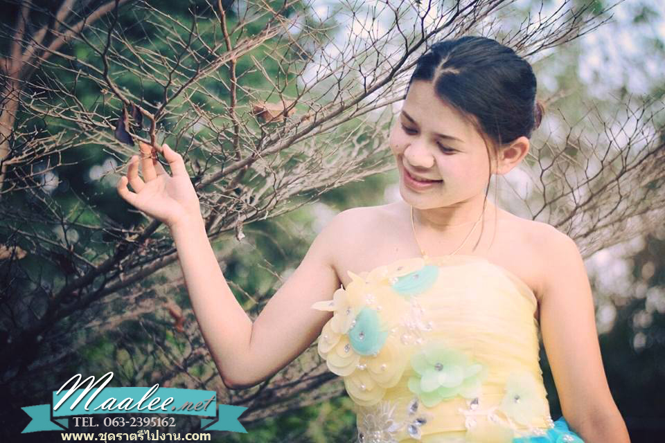 พร้อมเช่า ชุดแฟนซี ชุดราตรียาว เกาะอก แต่งดอกไม้ช่วงบน กระโปรงพองสวย