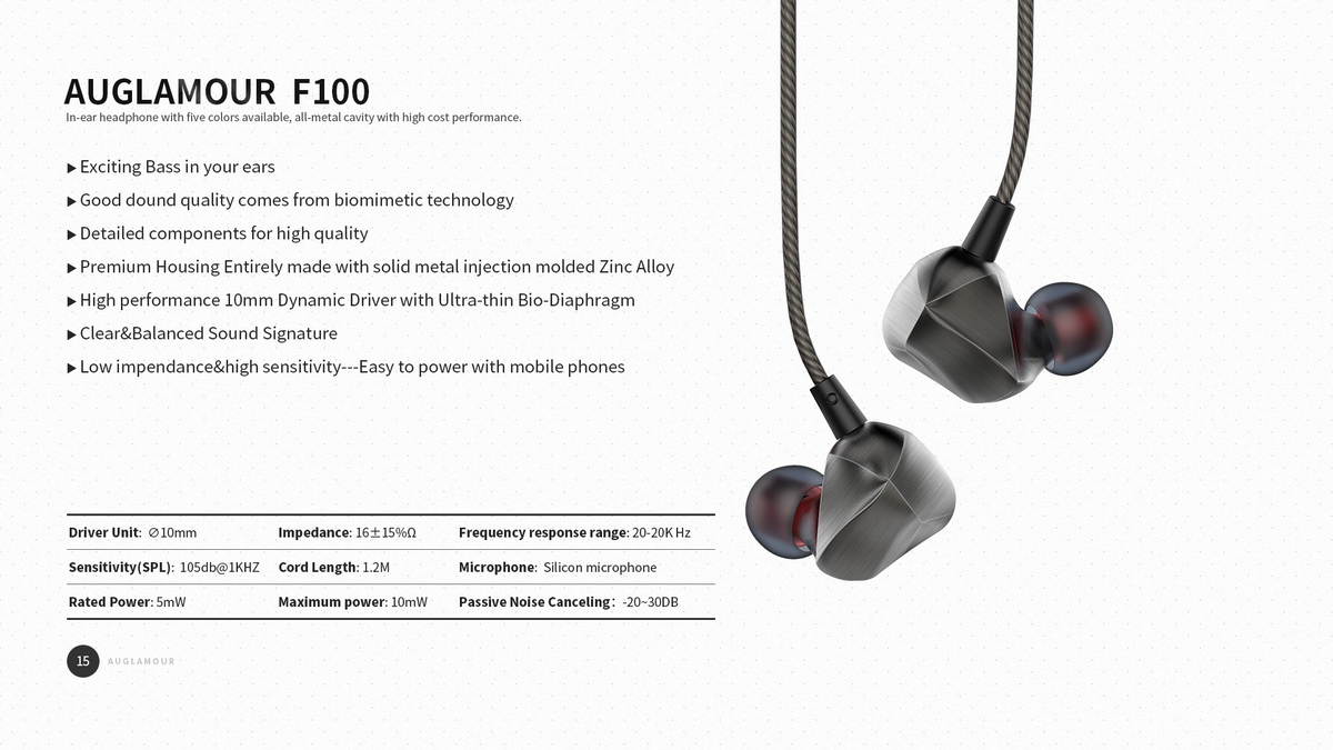 ขาย Auglamour F100 หูฟังบอดี้เหล็ก พร้อมไมค์ รองรับ Smart phone