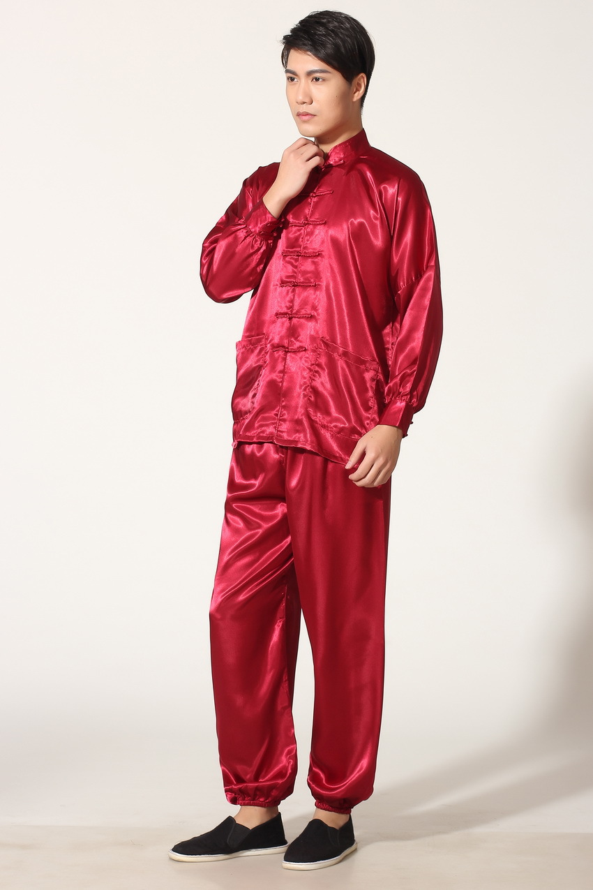 Pre-order ชุดจีนชาย แขนยาว ผ้าแพร สีแดง