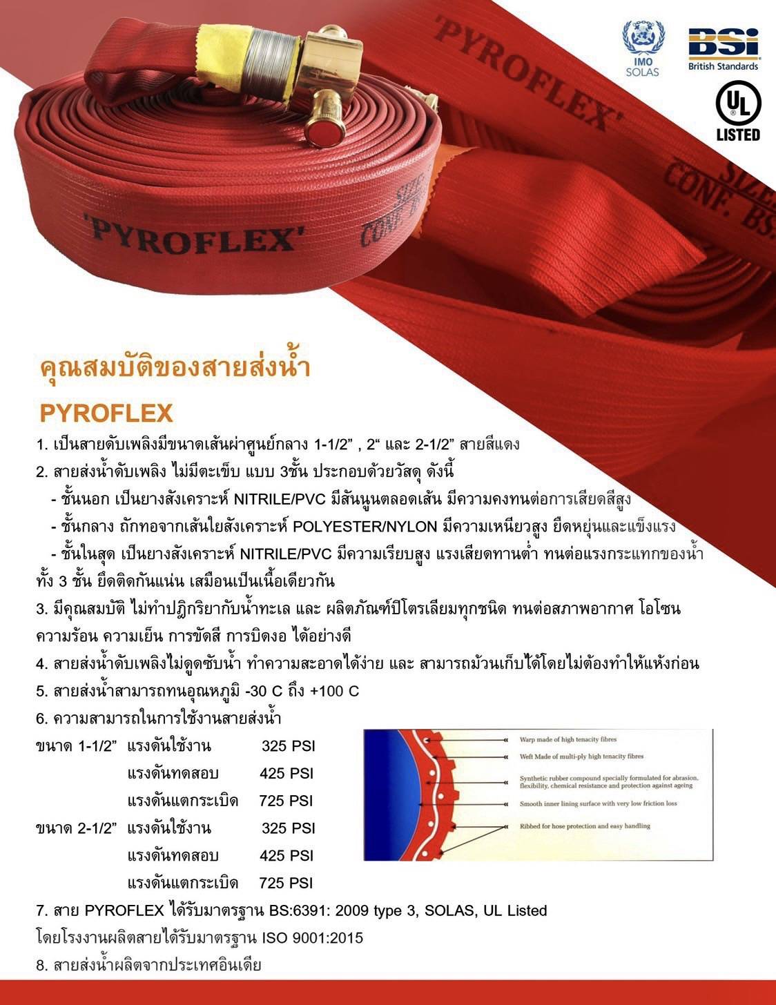 PYROFLEX สายดับเพลิง PVC ชนิดยางไนไตรด์ 3 ชั้น ไม่มีตะเข็บ มาตรฐาน UL