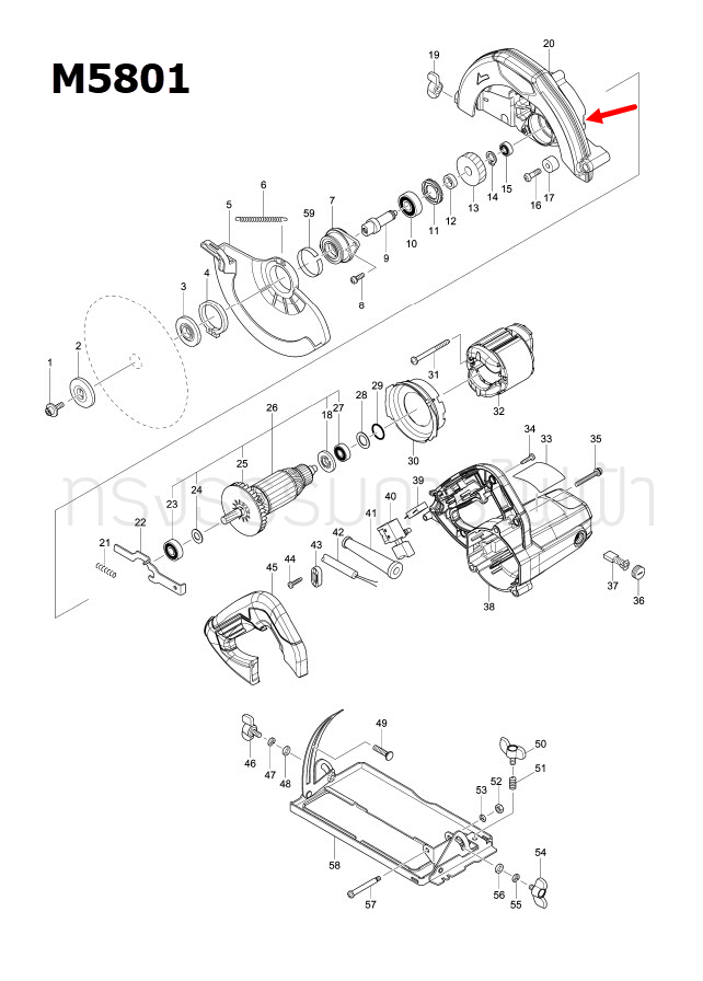 BLADE CASE COMPLETE เลื่อยวงเดือน Makita มากีต้า M5801, M5801B [#20] Pn.143126-6 (แท้) ##(*)