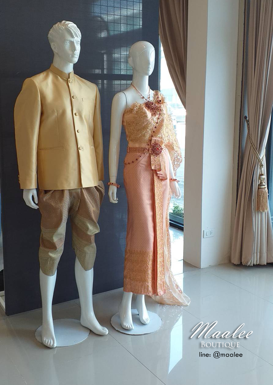 พร้อมเช่า ชุดแต่วงานไทยประยุกต์ สไบลูกไม้สีชมพูทอง (ราคาเช่าเป็นคู่)