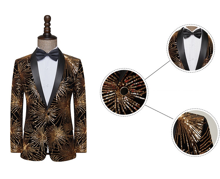 Pre-order เสื้อสูทชาย สูทแฟชั่น สูทดำแต่งเลี่อมเป็นดอกไม้สีทอง
